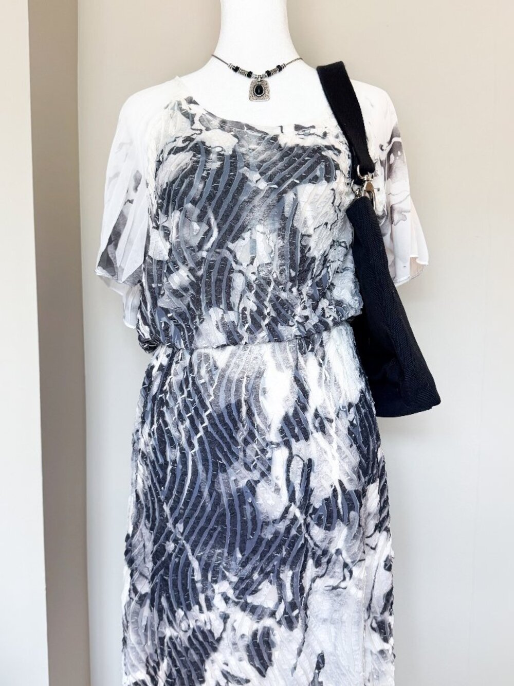 Cubism Stretchy Dress Abstract Black and White Pattern - Size XL
